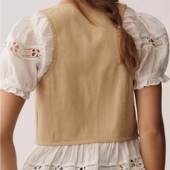 Anthropologie Puff Sleeve Two-fer Top Beige and White Lace Blouse - Picture 2 of 3